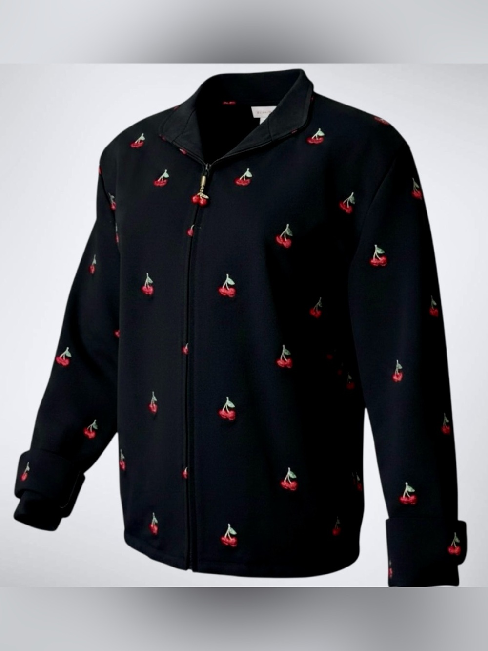 St John Sport Cherry Embroidered Black Denim Pant Suit Set 16 Large